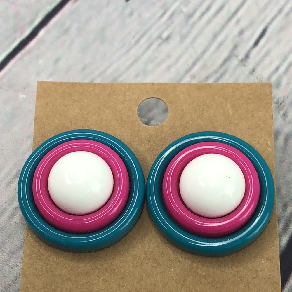 5/$25 Retro 80’s circle button teal pink white chunky statement earrings